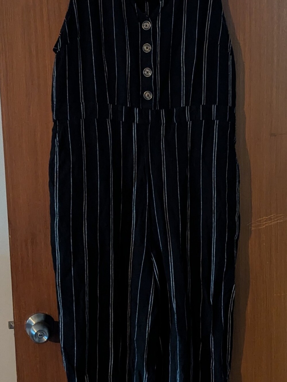 Time and Tru Black Jumpsuit with White Pinstripes
